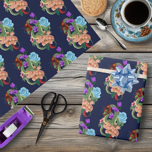 Papier Cadeau Dragon chinois et fleurs