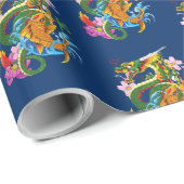 Papier Cadeau Dragon chinois vert Koi (Coin rond)