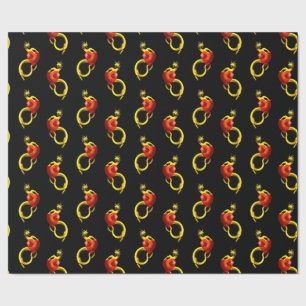 Papier Cadeau Dragon D'Or Au Grand Coeur Rouge