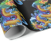 Papier Cadeau Dragon d'or avec l'éclaboussure de l'eau (Coin rond)