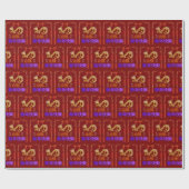 Papier Cadeau Dragon d'Or en rouge profond (Plat)
