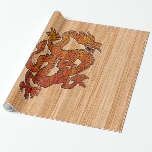 Papier Cadeau Dragon oriental rouge au bambou