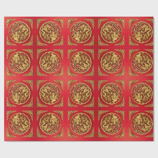 Papier Cadeau Dragon Rouge Doré Phénix Cadeau de Mariage Chinois (Plat)