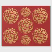 Papier Cadeau Dragon rouge et or, Nouvel An chinois (Plat)