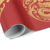 Papier Cadeau Dragon rouge et or, Nouvel An chinois (Coin rond)
