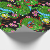 Papier Cadeau Dragon Tatouage Art en Rouge Vert avec Fleur de Ce (Coin)