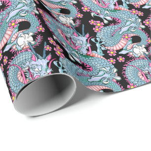 Papier Cadeau Dragon Tattoo Art en rose et pêche Melba