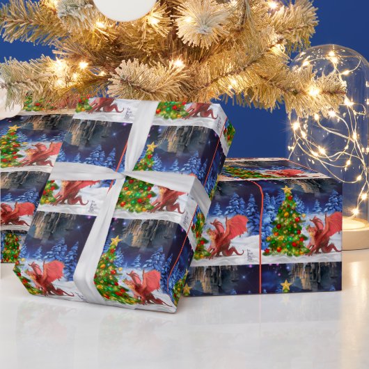 Papier Cadeau Dragon tirant sur l'arbre de Noël (Vacances)