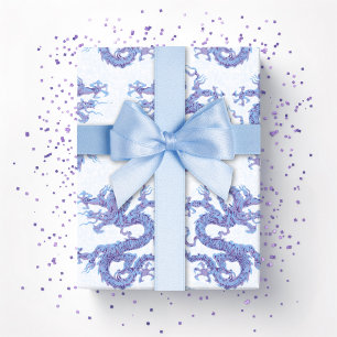 Papier Cadeau Dragon Tourbillonnant en Bleu et Violet