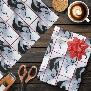 Papier Cadeau Dragon tribal noir gras rouge et bleu fleurs