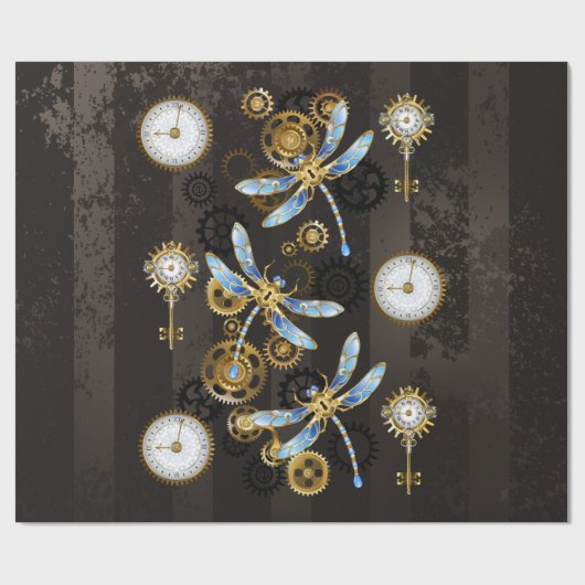 Papier Cadeau Dragonflies de Steampunk sur arrière - plan rayé b (Plat)