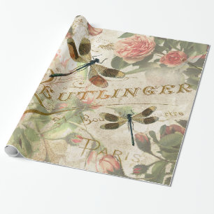 Papier Cadeau Dragonflies vintages et Roses Découpage d'envelop