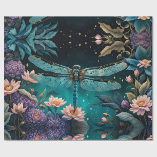 Papier Cadeau Dragonfly dans un jardin fleuri la nuit