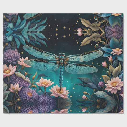 Papier Cadeau Dragonfly dans un jardin fleuri la nuit (Plat)