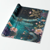 Papier Cadeau Dragonfly dans un jardin fleuri la nuit (Déroulé)