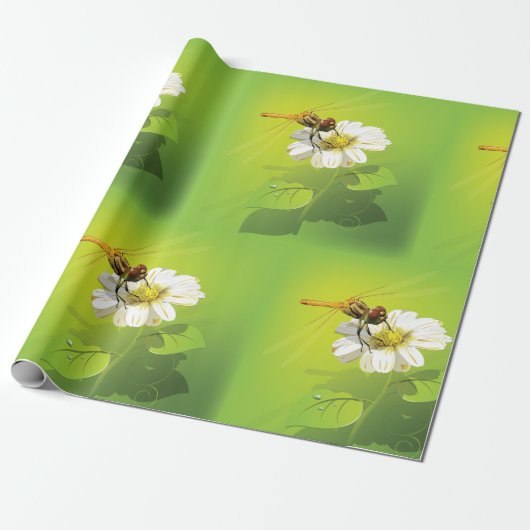 Papier Cadeau Dragonfly Sur Un Papier À Fleurs (Déroulé)