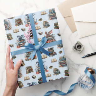 Papier Cadeau Dragons Magiques & Livres sur Fond Bleu Clair