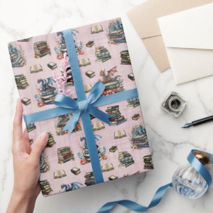 Papier Cadeau Dragons Magiques & Livres sur Fond Gris Clair-Rose