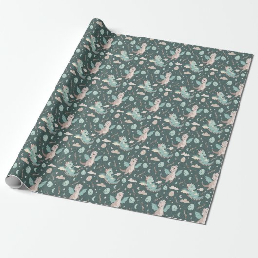 Papier Cadeau Dragons Mignons Pastel Bleu Et Vert (Déroulé)