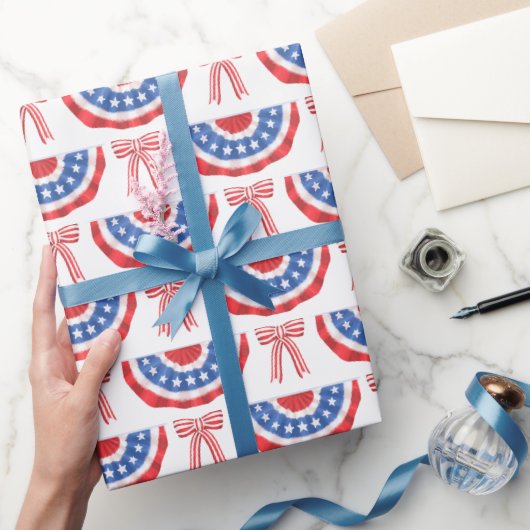 Papier Cadeau Drapeau américain et nœuds américains d'été (Cadeaux)