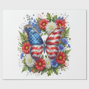 Papier Cadeau Drapeau Américain Rouge Blanc Bleu Papillon Floral