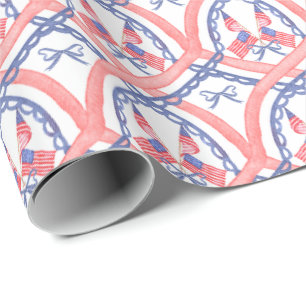 Papier Cadeau Drapeaux du 4 juillet à l'aquarelle rouge blanc &