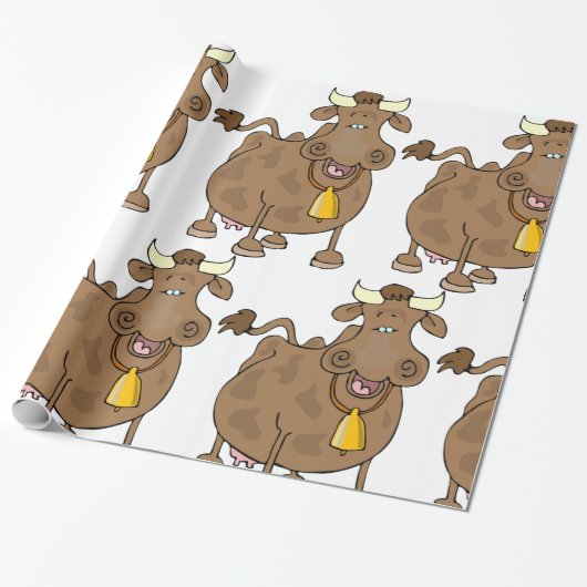 Papier Cadeau Drôle Cartoon Vache Brown avec Bell Animal de ferm (Déroulé)