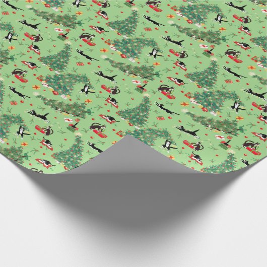 Papier Cadeau Drôle Chat et Arbre de Noël Trouble Vert (Coin)