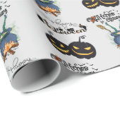 Papier Cadeau Drôle fou sorcière et citrouilles Éffrayants Hallo (Coin rond)