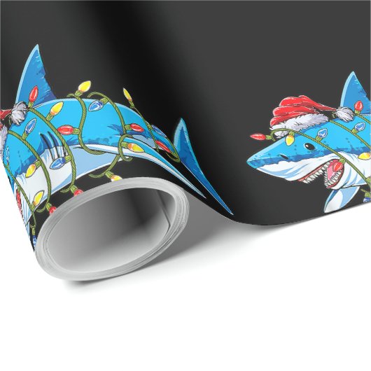 Papier Cadeau Drôle Père Noël Jaws Shark lumières de Noël Joyeux (Coin rond)