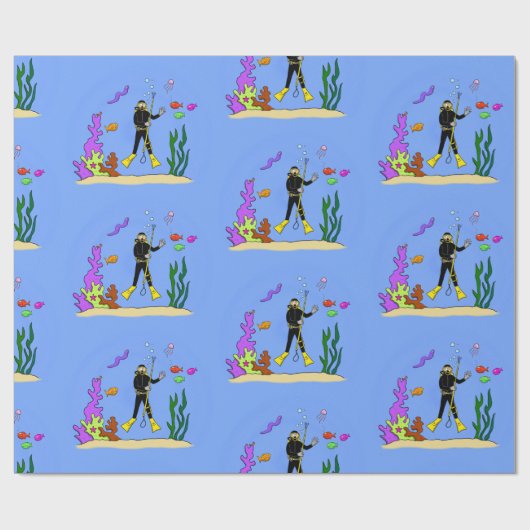 Papier Cadeau Drôle plongeur et poisson mer créatures dessin ani (Plat)