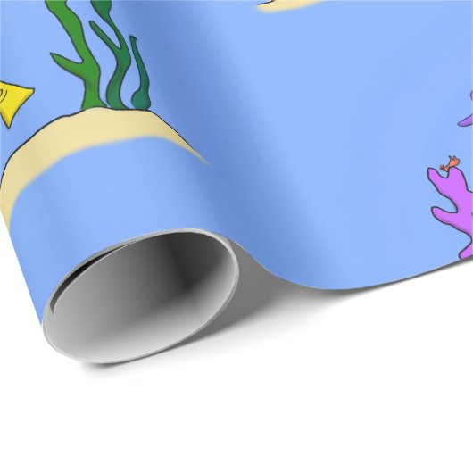 Papier Cadeau Drôle plongeur et poisson mer créatures dessin ani (Coin rond)