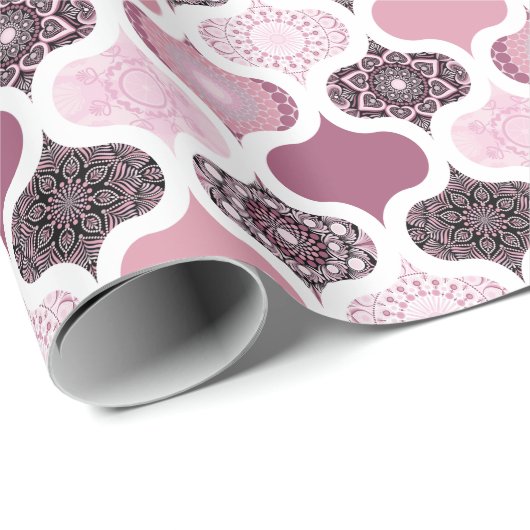 Papier Cadeau Dusky Rose Dot Mandalas Ogee Patchwork (Coin rond)