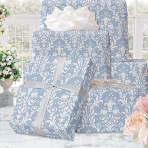 Papier Cadeau Dusty Bleu Blanc Damas Mariage élégant