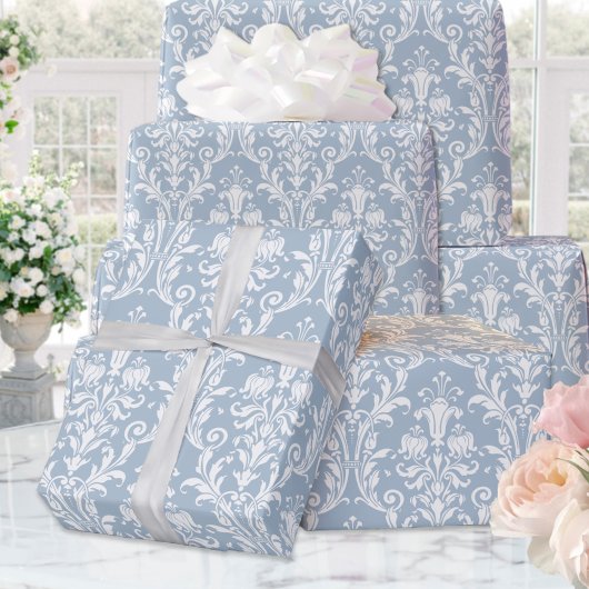 Papier Cadeau Dusty Bleu Blanc Damas Mariage élégant