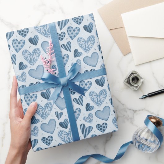Papier Cadeau Dusty Blue Hearts Pattern Wrapping Paper Roll (Cadeaux)