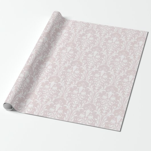 Papier Cadeau Dusty Rose Blanc Damask Mariage élégant (Déroulé)