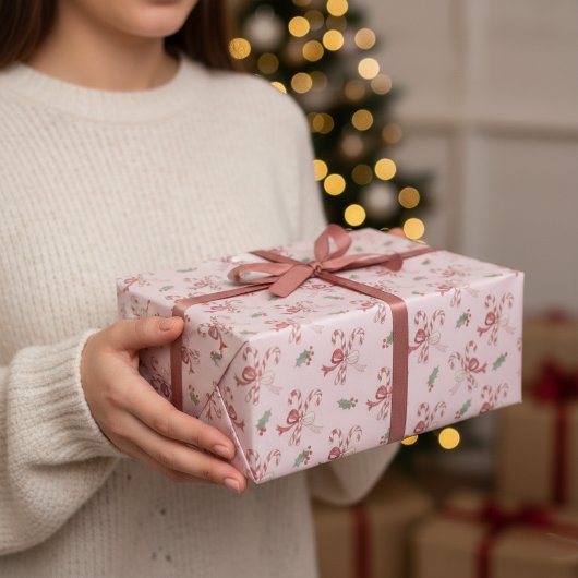 Papier Cadeau Dusty Rose Pink Candy Cane Coquette Bows Christmas