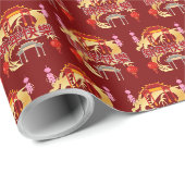 Papier Cadeau Dynastie dorée Fleurir rouge profond (Coin rond)