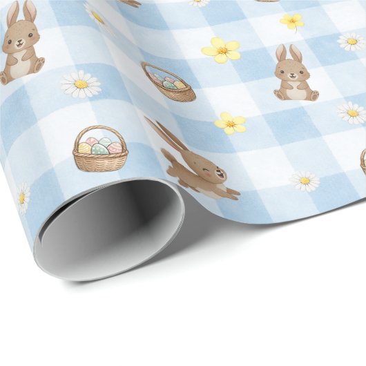 Papier Cadeau Easter Bunny Blue Gingham Wrapping Paper (Coin rond)