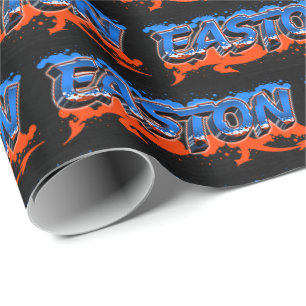 Papier Cadeau Easton prénom nom Graffiti bleu orange