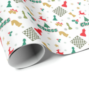 Papier Cadeau Échecs de Noël - Pièces, Arbre, Houx et Renne