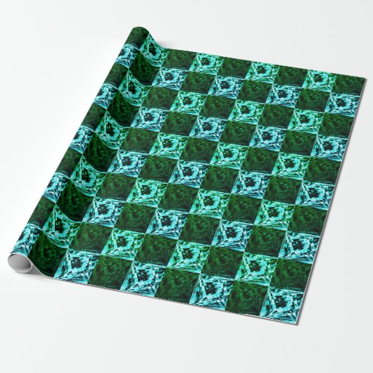 Papier Cadeau Échecs ou cyan vert et bleu ciel, avec rectangle (Déroulé)