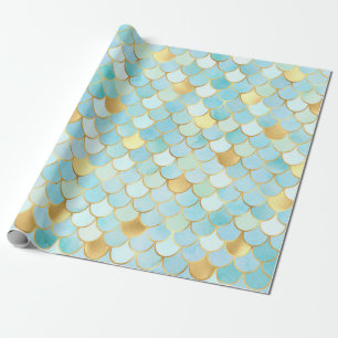 Papier Cadeau Échelles de sirène bleu ciel et or