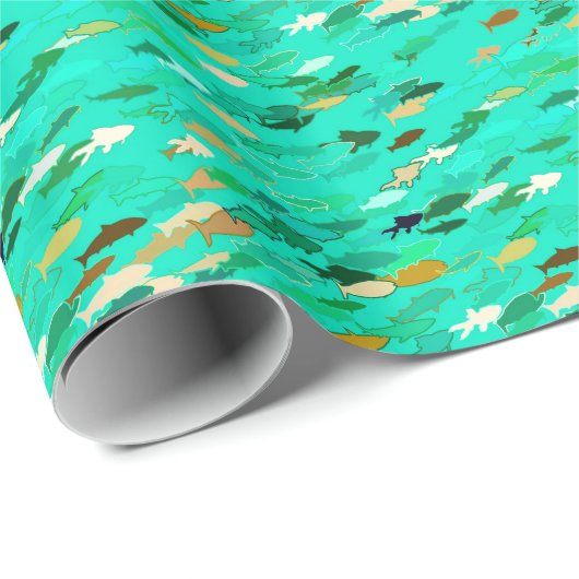 Papier Cadeau École de Poisson, Aqua, Vert et Or (Coin rond)
