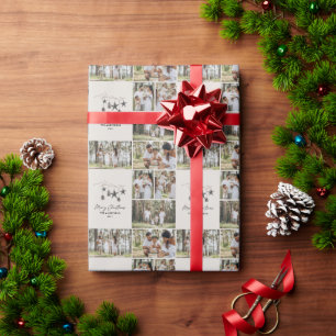 Papier Cadeau Ecriture moderne beige multi photo élégant Noël
