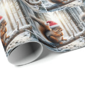Papier Cadeau Écureuil de Noël sur la branche des arbres neigeux (Coin rond)