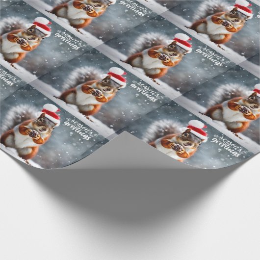Papier Cadeau Écureuil Père Noël de Noël avec Pinecone (Coin)