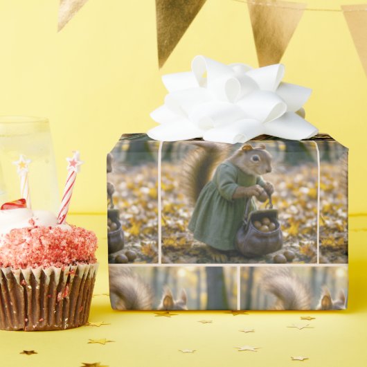 Papier Cadeau Écureuil Rassemble Des Noix Dans Son Porte (Fête d'anniversaire)
