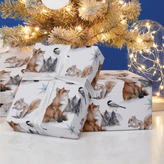 Papier Cadeau Écureuil roux des bois flocon hiver (Vacances)
